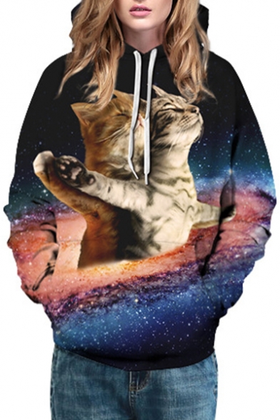 Galaxy Titanic Cat Printed Long Sleeve Hoodie with Kangaroo Pocket