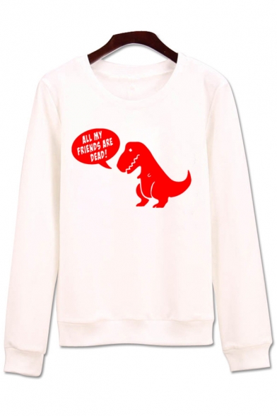 Leisure Letter Dinosaur Print Long Sleeve Round Neck Pullover Sweatshirt