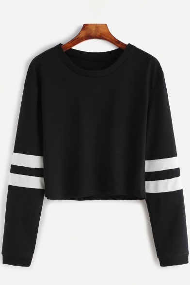 Leisure Round Neck Contrast Ribbed Long Sleeve Cropped Pullover Sweatshirt