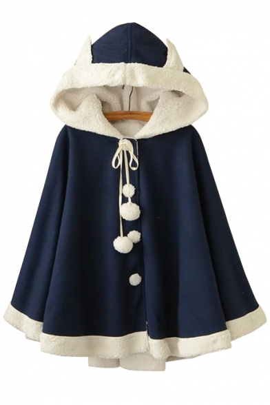 New Fashion Color Block Buttons Down Hooded Long Sleeve Woolen Ear Pompom Cape