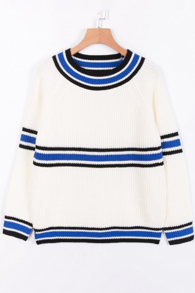 New Fashion Color Block Striped Round Neck Long Sleeve Pullover Sweater