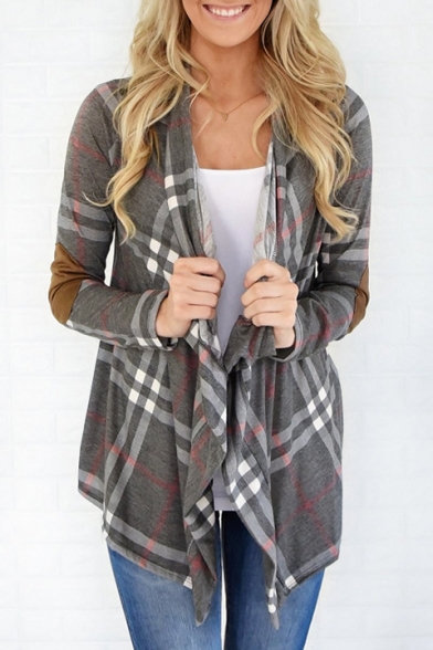 

New Fashion Plaid Pattern Waterfall Long Sleeve Coat, LC454744, Watermelon;dark gray;dark khaki