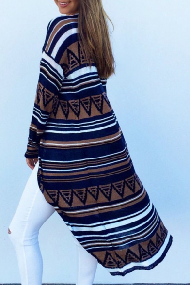 New Stylish Color Block Striped Print Open Front Long Sleeve Tunic Coat