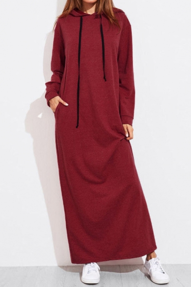 New Stylish Drawstring Hood Long Sleeve Simple Plain Pocket Maxi Dress