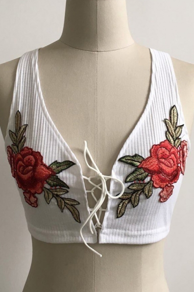 New Stylish Embroidery Floral Pattern Lace-Up Cropped Tank