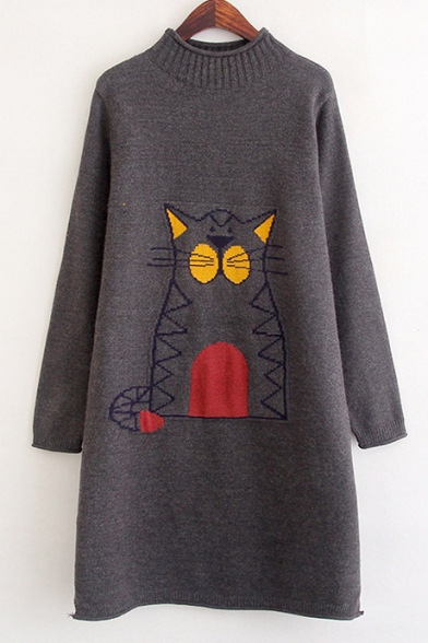 Simple Cat Pattern Mock Neck Long Sleeve Longline Sweater