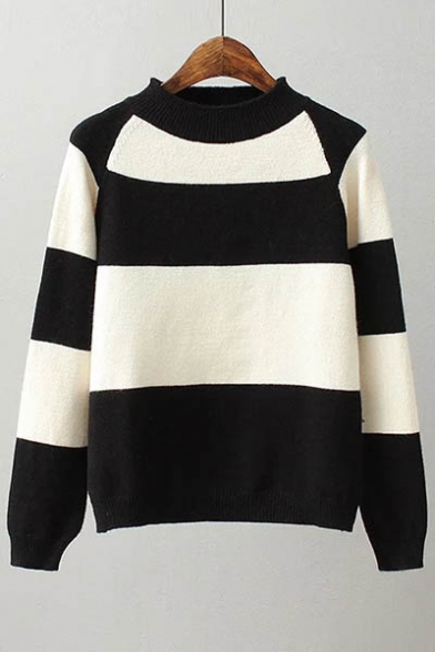 Simple Color Block Panel Round Neck Long Sleeve Pullover Sweater