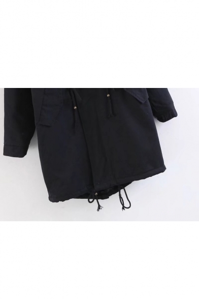 Simple Plain Faux Fur Hem Hooded Zip Placket Long Sleeve Longline Coat