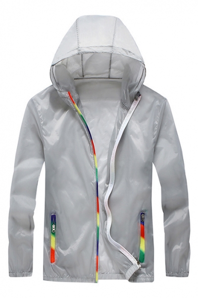 Sportive Rainbow Trimmed Long Sleeves Zippered Hooded Jacket with Zipped-Pockets