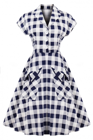 Vintage-Style Checkered Plaids Button-Front Lapel Cap Sleeves Midi Fit & Flare Dress with Pockets