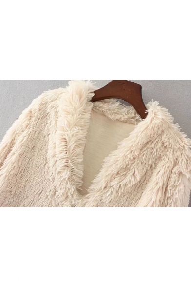 Winter Fashion V-Neck Long Sleeves Faux Fur Longline Fluffy Coat
