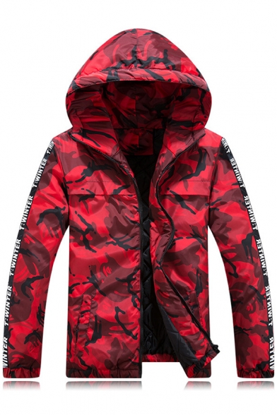 Camouflaged Letter Pattern Long Sleeves Hooded Zip-up Quilted Jacket with Pockets