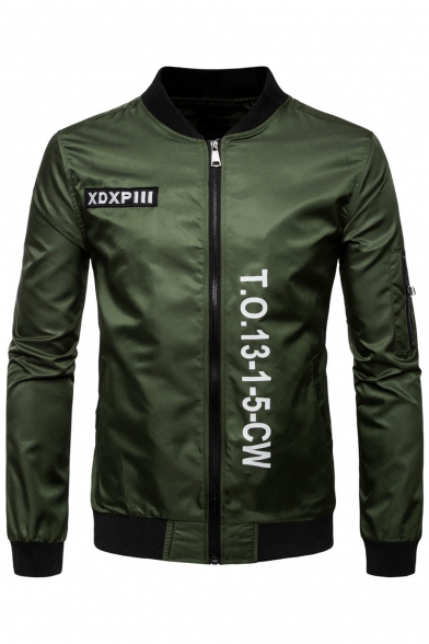 Casual Stand-up Collar Long Sleeves Letter Pattern Embroidery Zippered Bomber Jacket
