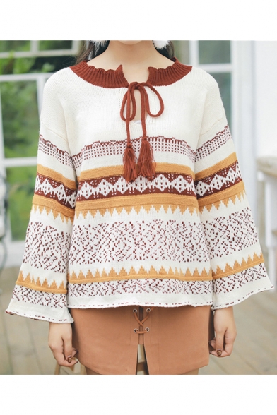 Chic Tribal Pattern Round Neck Long Sleeve Loose Pullover Sweater