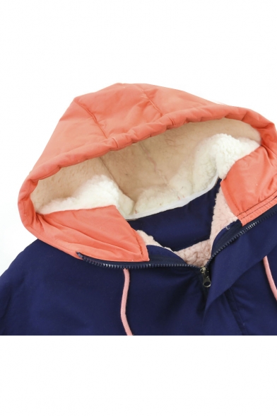 Color Block Hooded Zip Placket Long Sleeve Warm Coat