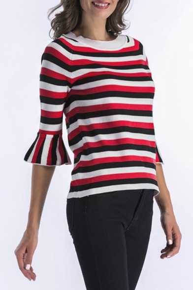 Color Block Striped Flared Half Sleeve Pullover Sweater
