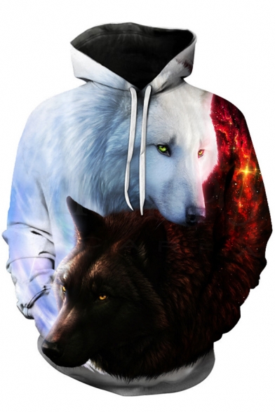 Contrasted Wolf Animal Printed Long Sleeve Hoodie with Pocket