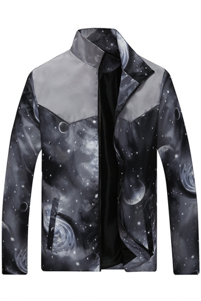 Galaxy Printed Color Block Stand-up Collar Long Sleeves Zippered Jacket with Pockets