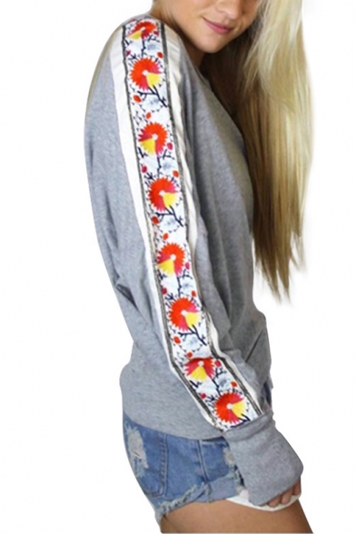 Leisure Round Neck Floral Printed Long Sleeves Pullover Sweatshirt