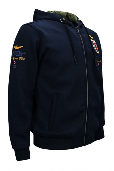 New Fashion Badge Embroidered Hooded Zippered Long Sleeve Baseball Coat