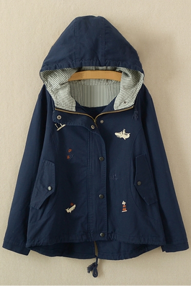 New Fashion Cartoon Embroidered Zippered Hooded Long Sleeve Coat