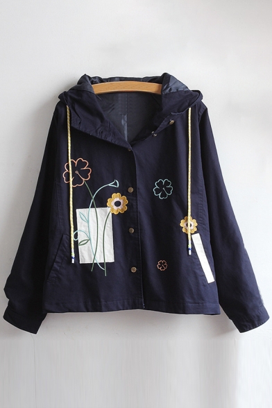 New Fashion Floral Embroidered Long Sleeve Buttons Down Hooded Coat