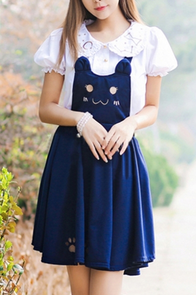 New Fashion Leisure Cat Embroidered Overall Mini Dress