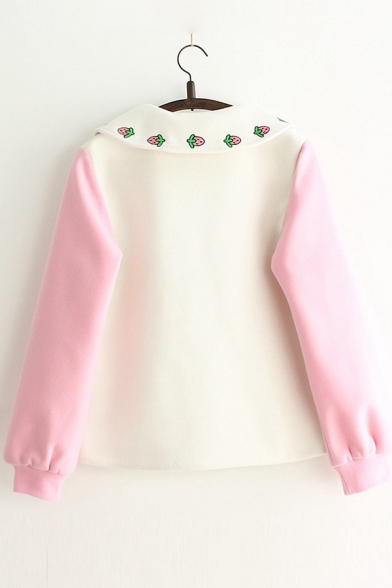 New Fashion Strawberry Rabbit Embroidered Navy Collar Zip Placket Long Sleeve Coat