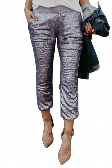 New Fashion Shimmering Sequined Elastic Waist Pencil Capris