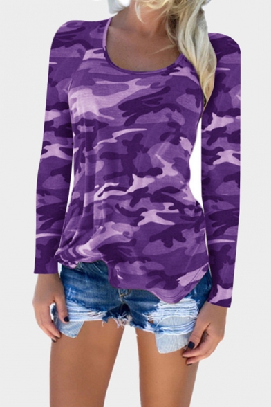New Fashoin Camouflage Pattern Scoop Neck Long Sleeve Tee