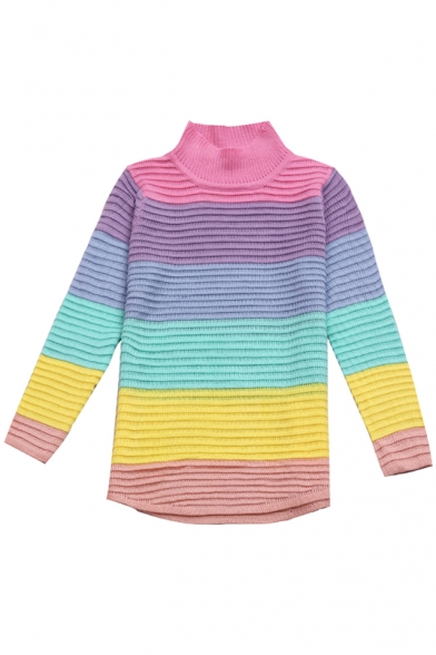 New Stylish Mock Neck Color Block Striped Print Long Sleeve Tunic Sweater