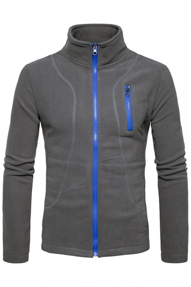 New Stylish Contrast Zipper Long Sleeve Stand-Up Collar Sport Jacket