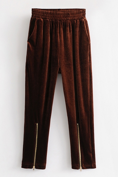 New Stylish Elastic Waist Zipper Hem Velvet Simple Plain Harem Pants