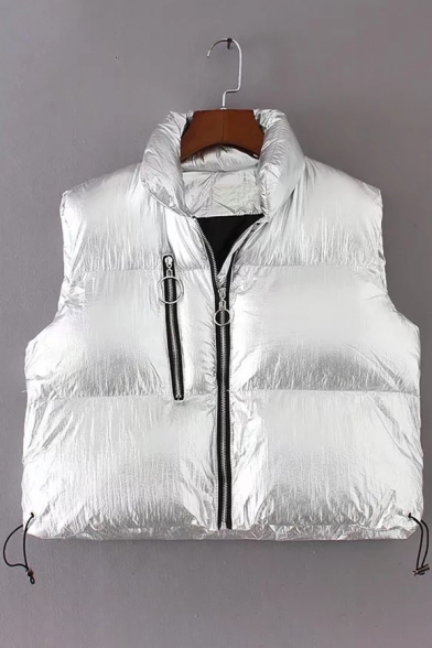 New Stylish Lapel Zipper Cropped Padded Vest Coat