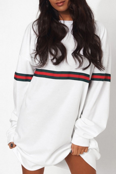 New Stylish Striped Print Round Neck Long Sleeve Tunic Pullover Sweatshirt