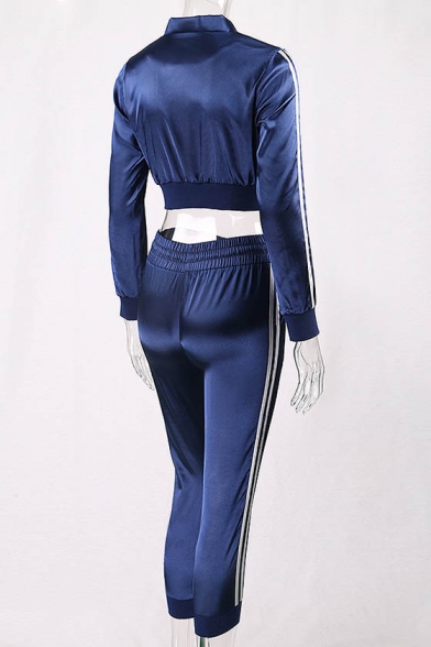 New Stylish Striped Side Zip Up Cropped Top Elastic Waist Pants Sport Co-ords