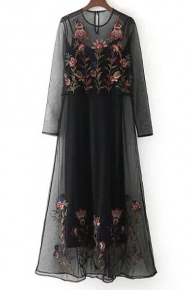 Sexy Sheer Round Neck Long Sleeve Floral Embroidered A-line Dress