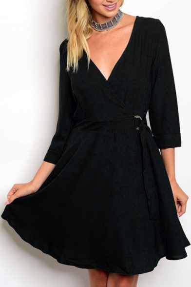 Simple Elegant Plunge Neck 3/4 Sleeves Elastic Waistband Flared Mini Wrap Dress