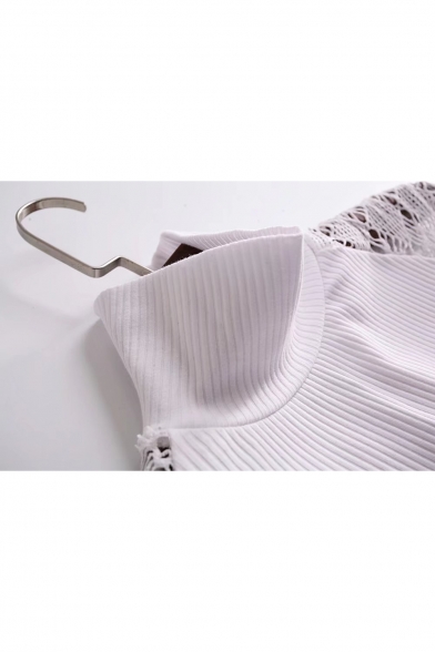 Simple Plain Crochet Lace Panel Long Sleeve Turtleneck Pullover Sweater