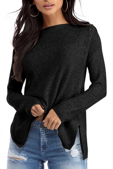 

Simple Plain Dipped Hem Split Side Long Sleeve Pullover Sweater, Black, LC456463