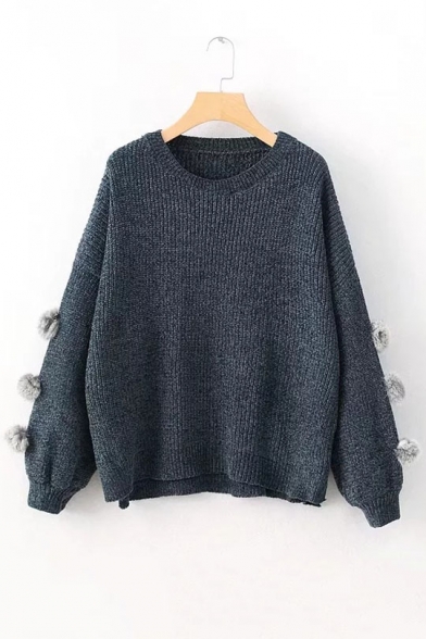 Simple Plain Puff Balls Embellished Long Sleeve Pullover Sweater