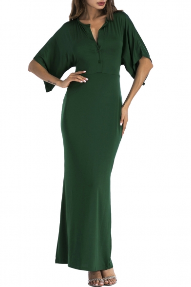 Stylish Wide Sleeves Notched-Neck Buttons-Front Slim-Fit Maxi Skirt Plain Jumpsuit