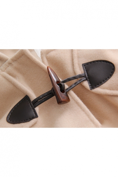 British Style Long Sleeve Toggle Flap Pocket Plain Hooded Coat