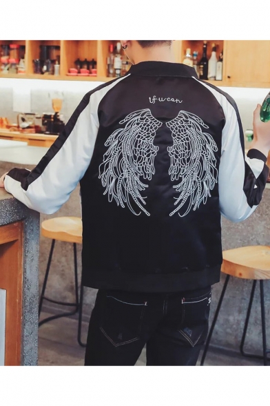 Color Block Wings Embroidered Long Sleeve Baseball Jacket