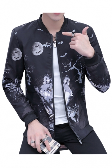 Cool Wolf Print Stand-Up Collar Zip Placket Long Sleeve Jacket