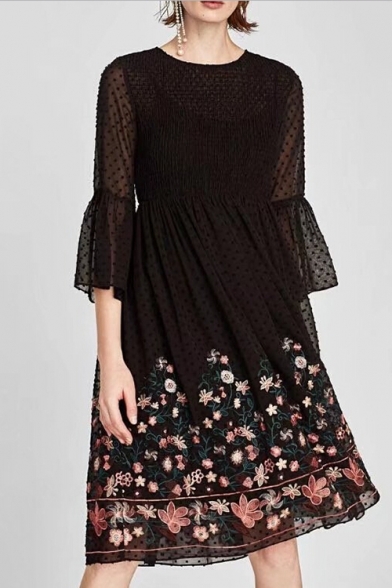 Fashion Floral Print Sheer Long Sleeve Round Neck A-line Dress