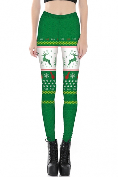 Fashionable 3D Christmas Elk Print Elastic Waist Leggings