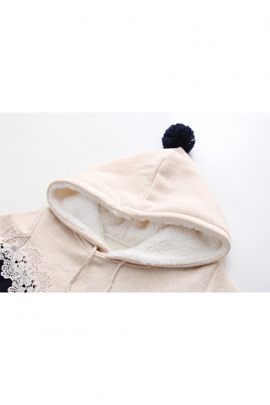 Long Sleeve Lace Insert Color Block Winter Hoodie with Pompom