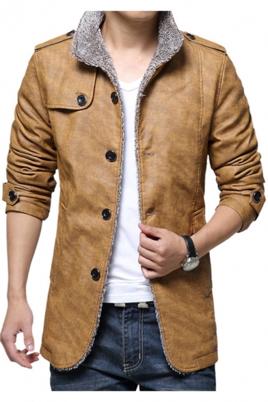 Men's Winter Warm Simple Plain Stand-Up Collar Long Sleeve PU Coat