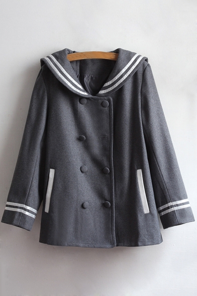 New Fashion Chic Navy Collar Striped Long Sleeve Buttons Down Coat